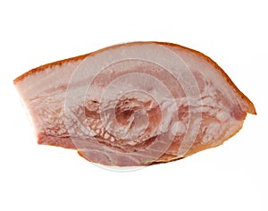 Thick piece of ready-made appetizing, smoked, pork lard with layers of meat on a white background in isolation
