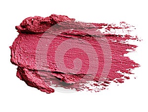 Thick pink lipstick smear texture on white paper surface on transparent background.