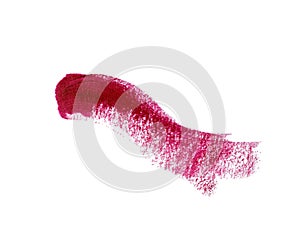 Thick red lipstick smear, cosmetics sample isolated on white background
