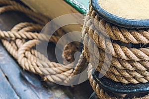 A thick rope on a ship, a ferry for tethering