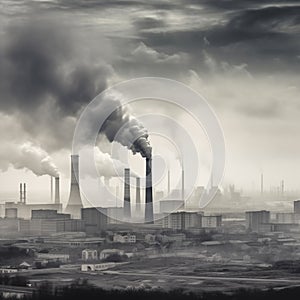 Thick smoke belching from factory chimneys. Plumes of smoke, an industrial area with environmental contamination concept