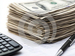 Thick stack of hundred dollar bills with pen and calculator