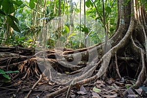 thick tree roots entrenched in the jungle floor