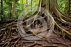 thick tree roots entrenched in the jungle floor