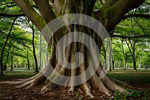 Thick trunk of tall tree in city park, urban nature photo