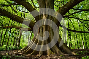 Thick trunk of tall tree in city park, urban nature photo