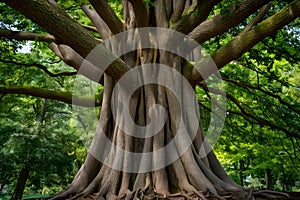 Thick trunk of tall tree in city park, urban nature photo