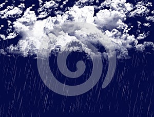 Thick white clouds and falling rain on blue background illustration. Weather forecast, cloudy sky, rainy weather, torrential rain