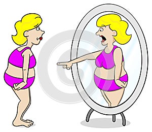 Thick woman looks in the mirror