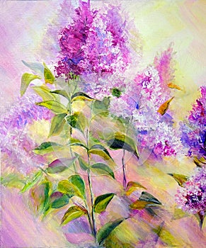 Thickets of lilac bush at sunrise. Oil painting