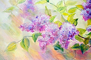Thickets of lilac bush at sunrise. Oil painting