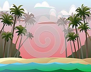 Thickets of mature palms. Landscape seashore. Sand beach near water. Coastal waves. Red evening sunset. Cartoon fun