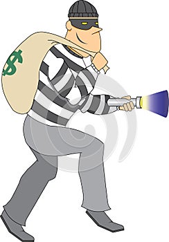 Thief with bag of money and flashlight