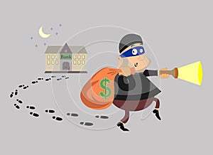 Thief. Bank robbery at night. Vector stock illustration.