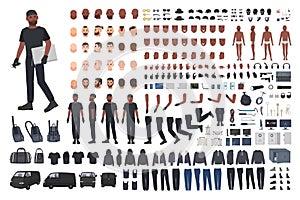 Thief or burglar constructor set. Bundle of flat male cartoon character body parts, hand gestures, facial expressions