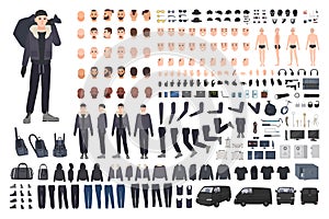 Thief, burglar or criminal creation set or DIY kit. Bundle of flat male cartoon character body parts in different