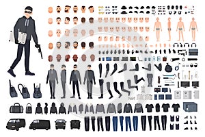 Thief, burglar or robber DIY kit. Collection of flat male cartoon character body parts in different positions, skin