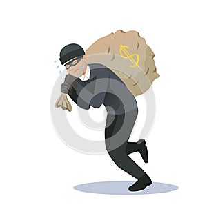 Thief carries a heavy bag of money