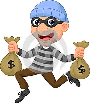 Thief carrying bag of money with a dollar sign