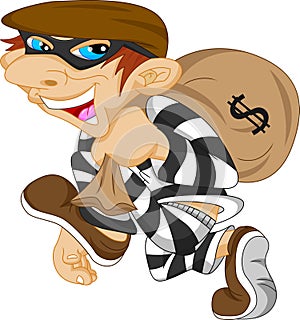 Thief carrying bag of money with a dollar sign