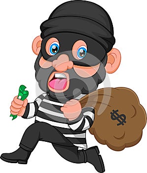 Thief cartoon carrying bag of money with a dollar sign