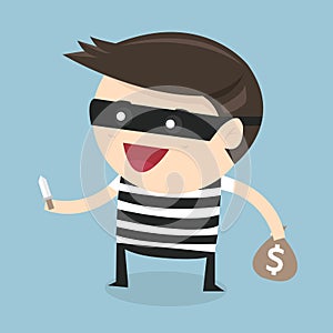 Thief cartoon holding knife in his hand and carrying a money bag