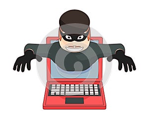 A thief comes out of a laptop screen.