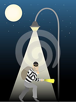 Thief creeping under full moon street lamp