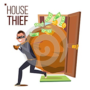 Thief And Door Vector. Bandit With Bag. Breaking Into House Through Door. Insurance Concept. Burglar, Robber In Mask