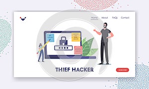Thief Hacker Landing Page Template. Tiny Woman with Huge Pencil Writing Weak Password on Sticky Note Hang on Laptop