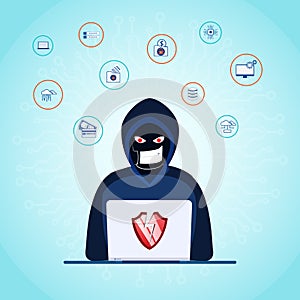 Thief. Hacker stealing sensitive data as passwords from a personal computer useful for anti phishing and internet viruses campaign