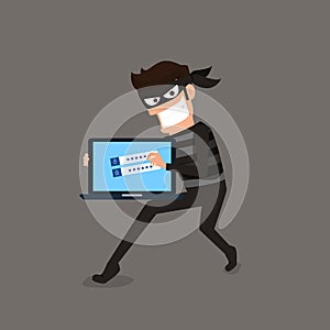 Thief. Hacker stealing sensitive data as passwords from a personal computer useful for anti phishing and internet viruses campaign