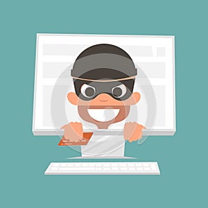 Thief holding a credit card. Concept of safe online shopping. Vector Illustration.