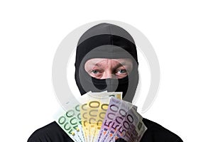 Thief holding money isolated on white background