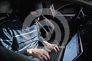 Thief with a laptop inside a car