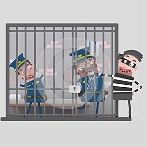 Thief making fun of arrested policemen.3D