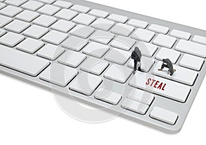 Thief man miniature figure concept steal data on keyboard photo