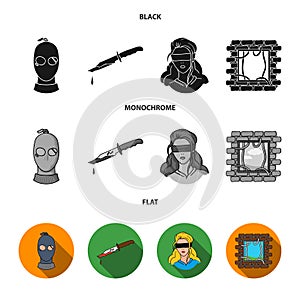 A thief in a mask, a bloody knife, a hostage, an escape from prison.Crime set collection icons in black, flat