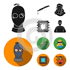 A thief in a mask, a bloody knife, a hostage, an escape from prison.Crime set collection icons in black, flat style