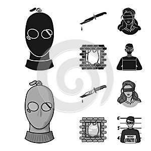 A thief in a mask, a bloody knife, a hostage, an escape from prison.Crime set collection icons in black,monochrom style
