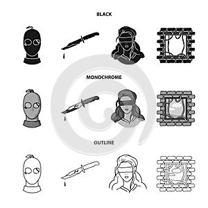 A thief in a mask, a bloody knife, a hostage, an escape from prison.Crime set collection icons in black,monochrome