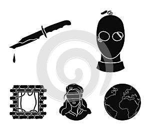 A thief in a mask, a bloody knife, a hostage, an escape from prison.Crime set collection icons in black style vector