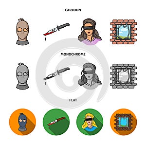 A thief in a mask, a bloody knife, a hostage, an escape from prison.Crime set collection icons in cartoon,flat