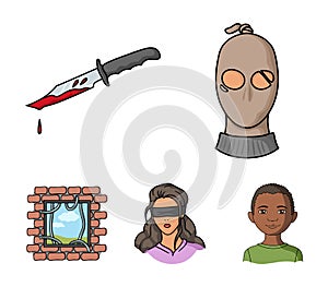 A thief in a mask, a bloody knife, a hostage, an escape from prison.Crime set collection icons in cartoon style vector