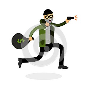 Thief in a mask running with a gun and money bag character Illustration