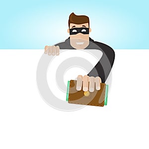A thief steals a portmanteau. The crook pulls out the purse. Stealing money.