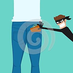 Thief pickpocket stealing a wallet from back jeans pocket.