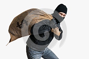 Thief robbed bank with full bag of money. Isolated on white background.