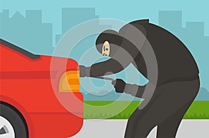 A thief with a robbery mask trying to open the car trunk. Flat vector illustration.