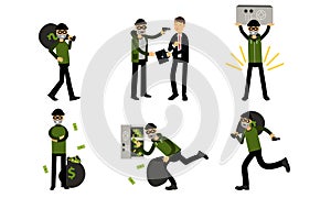 A thief is robbing a businessman with a briefcase. Vector Illustration Set Of Cartoon Burglar Character Isolated On
